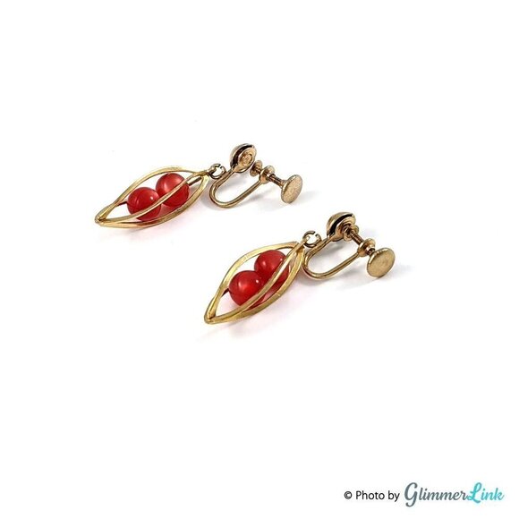 Vintage Twisted Caged Red Beads Screw Back Drop Earrings - Picture 6 of 7